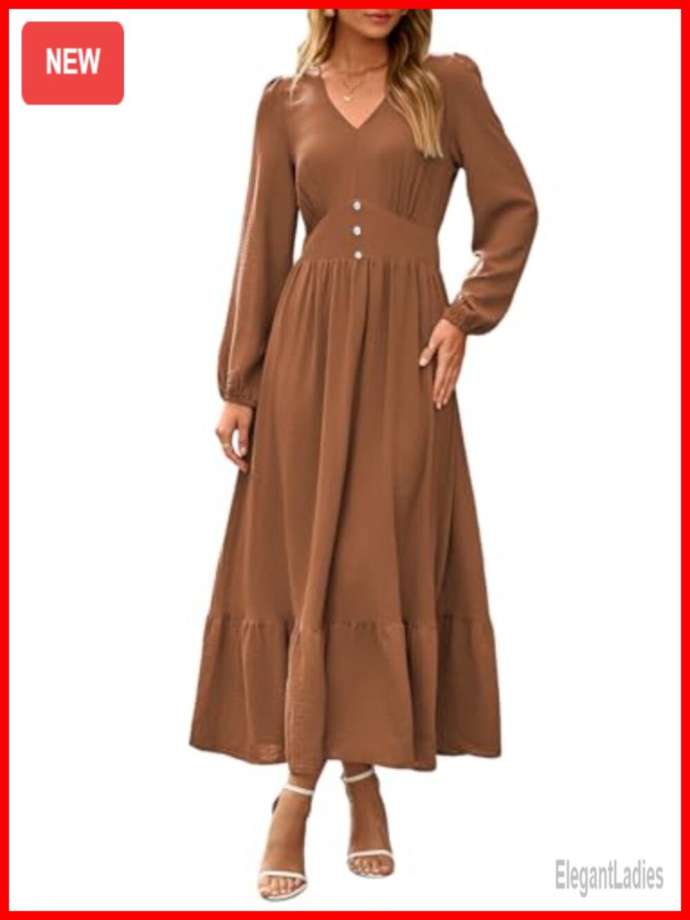 Womens Maxi Dress Long Sleeve V Neck Tiered Flowy A-Line Casual Elegant